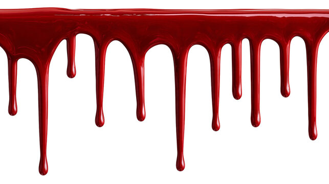 Thick glossy red liquid paint dripping down in vertical streams