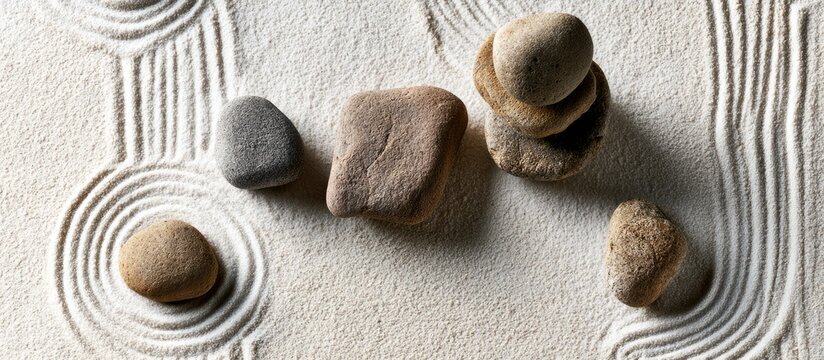 Zen garden rocks creating harmony on raked sand