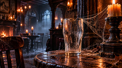 Fototapeta premium Cobweb-covered English pub interior with empty glass and candle. Halloween pub decor and seasonal celebration. Traditional public house and haunted venue. Autumn holiday concept.