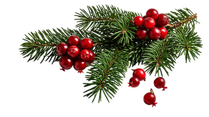 Fresh red cranberries on green spruce pine branch with needles © Lyra