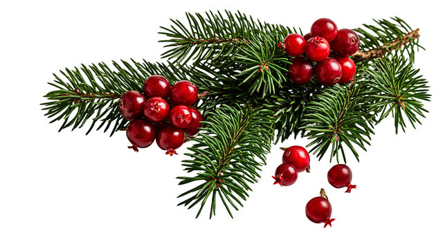 Fresh red cranberries on green spruce pine branch with needles
