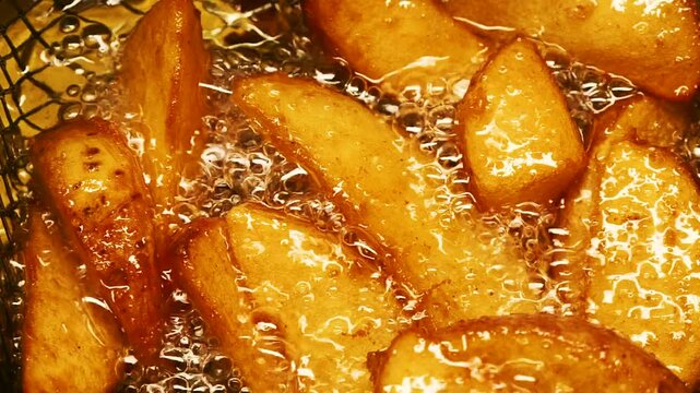 Close-up slow motion fried crispy potato wedges deep frying in oil. French fries