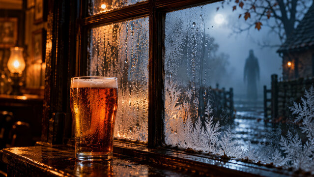 Pint of ale inside English pub beside frost-covered window, ghostly figure outside. Halloween pub celebration. Supernatural folklore and seasonal tradition. British pub culture.