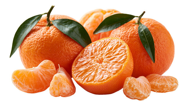 Fresh ripe mandarin oranges with green leaves and sliced segments