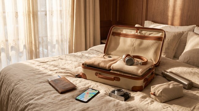 Traveler packing suitcase on hotel bed with smartphone