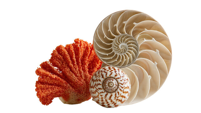 Cross section of nautilus shell with orange coral and patterned sea snail shell