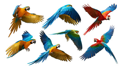 Multiple colorful macaw parrots in flight with vibrant blue red and yellow feathers © Lyra
