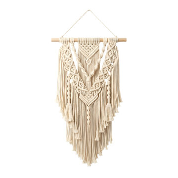 Cotton macrame wall hanging textile art piece on transparent background