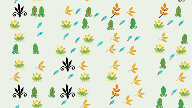 Pattern of stylized flowers, leaves, and decorative motifs