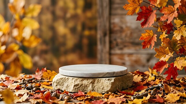 Empty stone product display podium surrounded by colorful autumn leaves on a wooden background