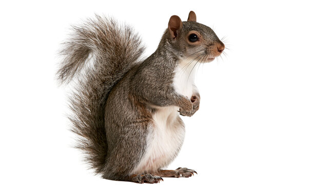 Eastern gray squirrel standing upright with fluffy tail and white chest fur