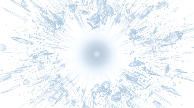 Explosion of shattered blue ice shards flying outward from a glowing center for winter action scenes in PNG, Transparent and Black Background Versions