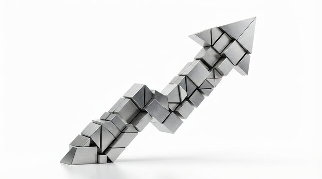 A metallic arrow with a geometric pattern, pointing upwards against a white background.