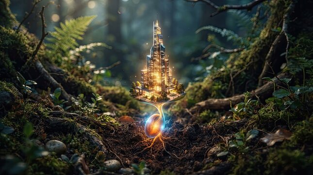 A glowing, mystical forest with a glowing tree at its center, surrounded by moss and ferns, with a glowing orb in the foreground.