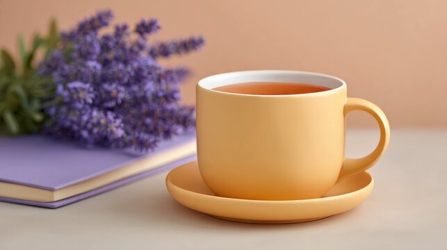 A yellow cup of tea on a saucer sits next to a purple book topped with a bunch of fresh lavender flowers on a table.   