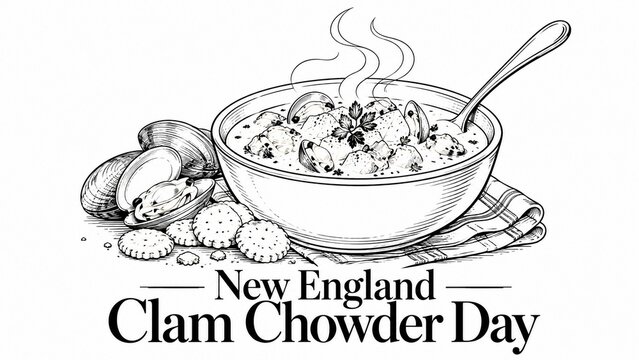 Hand drawn illustration of a bowl of New England clam chowder with crackers.