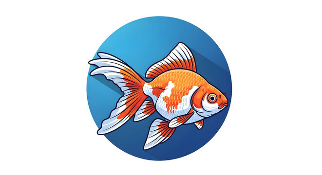 Goldfish vector illustration featuring a vibrant orange and white pet fish design isolated on a flat blue circular badge with a transparent background