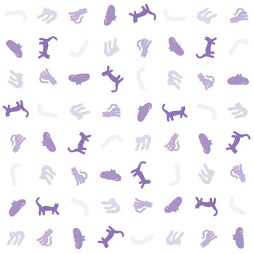 Seamless pattern of abstract cat silhouettes in various shades of purple on a white background