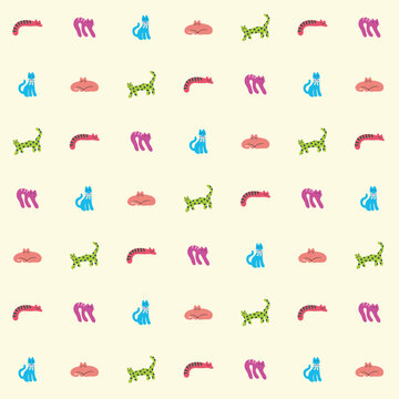 Seamless Pattern of Whimsical Hand Drawn Colorful Cats and Kittens in Playful Poses for Textile