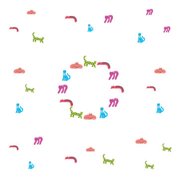 Seamless Pattern of Cute Colorful Hand Drawn Cats in Various Poses on Clean White Background