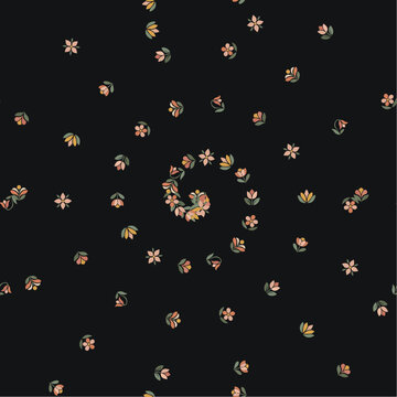 Seamless Floral Pattern with Small Colorful Flowers in Spiral Arrangement on Black Background