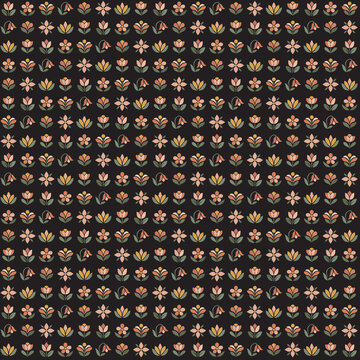 Seamless folk art floral pattern with small stylized flowers on black background for textile design