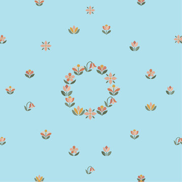 Minimalist Floral Wreath and Small Flower Patterns on Light Blue Background Vector Illustration