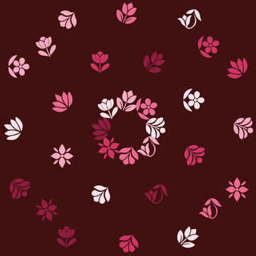 Elegant Floral Pattern with Pink Flower Icons and Central Wreath on Dark Maroon Background