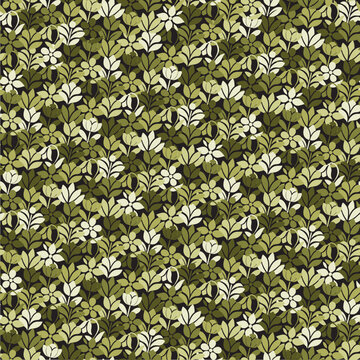 Seamless Floral Pattern with Delicate White Flowers and Green Foliage on a Dark Black Background