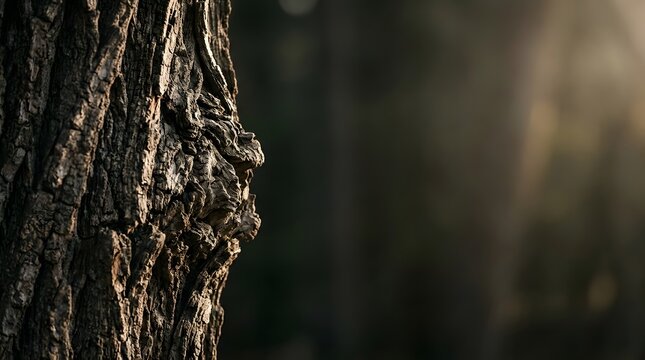 Close-up of weathered tree bark resembling a human profile in a misty forest.