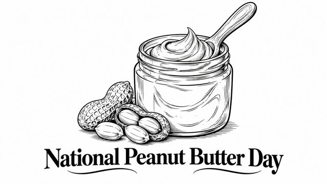 Black and white illustration of a jar of creamy peanut butter with peanuts for National Peanut Butter Day.
