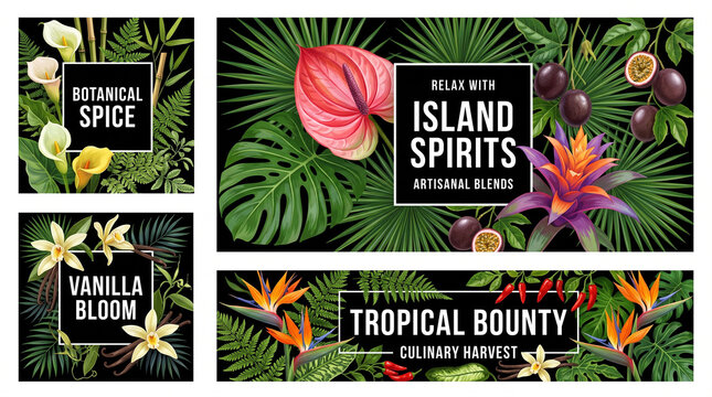Tropical botanical leaves, exotic flowers and passion fruit card and banner layout set realistic vector illustration isolated on white background