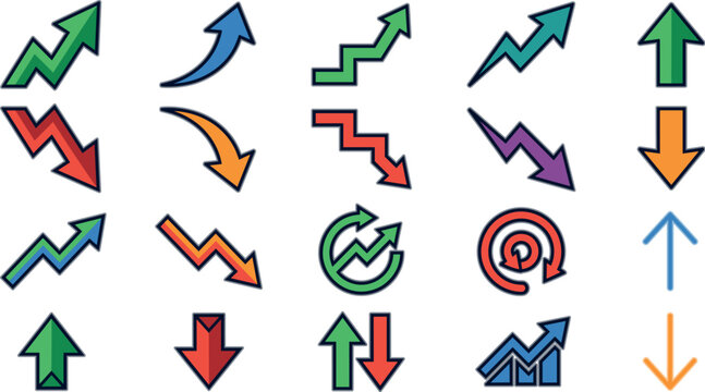 Financial Growth and Market Trend Arrow Outline Icon Vector Set Featuring Colorful Business Success Graphs Stock Profit and Decreasing Loss Symbols