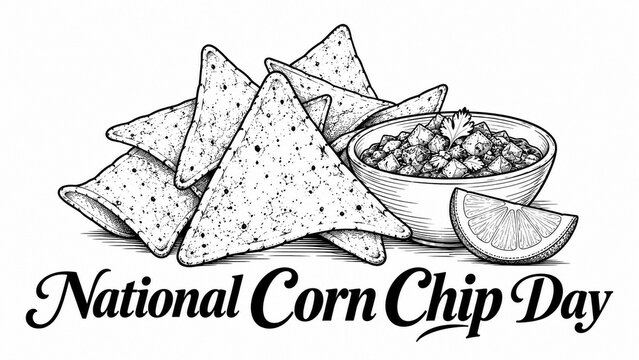 Hand drawn illustration of corn chips with salsa and lime for National Corn Chip Day.
