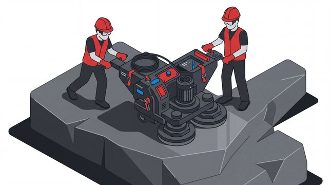 Vektor pekerja konstruksi memoles permukaan monumen batu besar