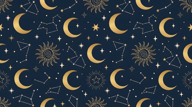 Celestial seamless pattern with golden crescent moons and suns on a dark navy blue background celestial astronomy seamless astrology constellatio