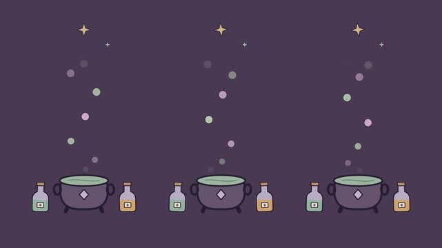 Witch&rsquo;s potion bubble garden seamless loop with bubbling cauldrons, magic bottles and floating sparkles on a purple night scene, whimsical Halloween motion background for parties and seasonal design
