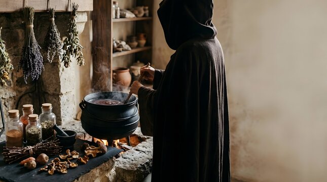 A mysterious cloaked figure brews a potion in a traditional cauldron within a rustic cottage interior.