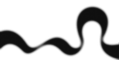 Fototapeta premium Curved black dotted ribbon swirls pattern, halftone gradient wave design element, monochrome vector overlay posters templates.