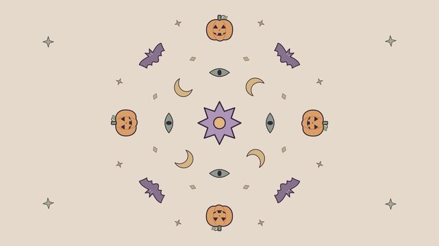 Spooky geometric kaleidoscope seamless loop with pumpkins, bats, moons, stars and candy motifs rotating in a festive pattern, abstract Halloween motion background for promos and seasonal design