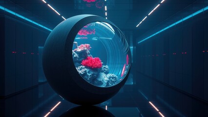 Fototapeta premium Futuristic interior features spherical aquarium. Vivid coral, fish visible within dark, sleek space. Lighting creates dramatic effect.