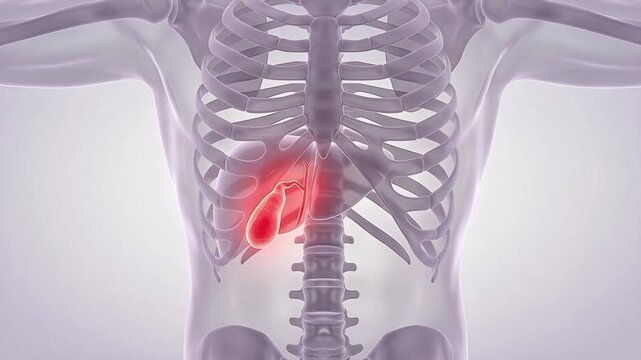 3D medical illustration of the human torso with the gallbladder highlighted in glowing red, showing its anatomical position relative to the ribcage and spine.