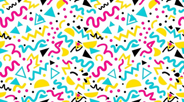 Retro 90s style abstract seamless pattern with colorful geometric shapes abstract geometric nineties colorful seamless background wallpaper
