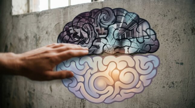 Hand Touching Creative Brain Illustration with Cityscape Overlay and Light