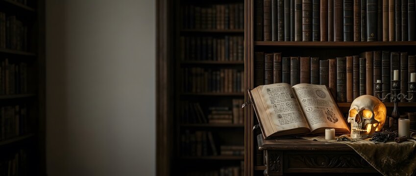Old open book and human skull on wooden table in a dimly lit library filled with antique bookshelves.