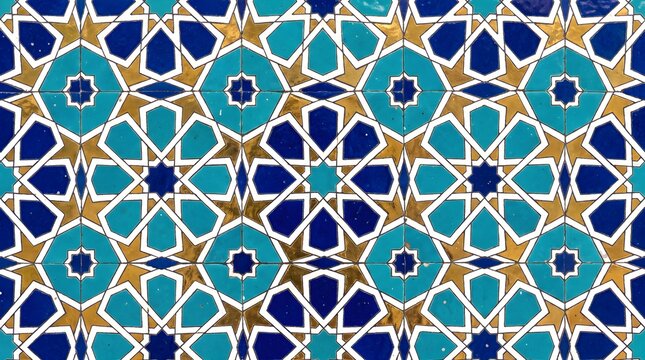 Traditional islamic geometric seamless pattern with blue and gold stars middle eastern geometric traditional ornamental background architecture