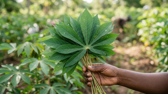 Hand holding fresh green cassava leaves in a field organic farming agriculture healthy food concept