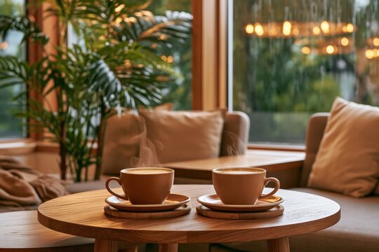 Two steaming coffee cups on wooden table in cozy cafe interior with green plants and warm lighting
