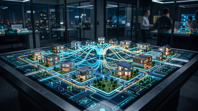 Property technology concept featuring miniature houses connected by glowing fiber-optic pathways on a futuristic tabletop, photorealistic