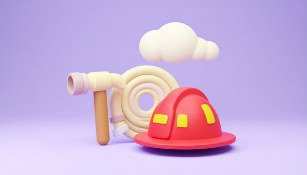 3D firefighter hat and hose icon.